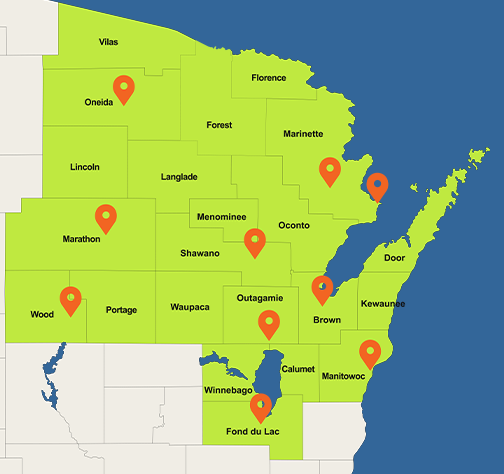 A portion of the Wisconsin state map showcasing the 22 counties that Lakeland Care currently serves.